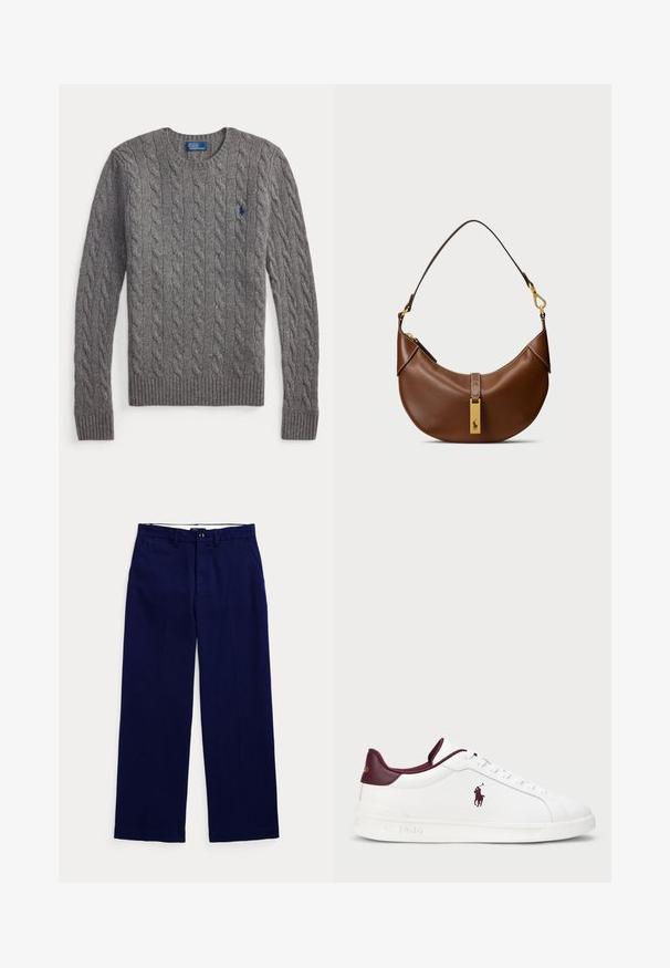 Pilkas megztas megztinis su apvalia iškirpte, ribbinguotu apačia ir ilgomis rankovėmis. Ant krūtinės mažas mėlynas Polo logotipas.; Tamsiai mėlynos tiesaus kirpimo kelnių su diržo kilpomis, mygtuko uždarymu ir šoninėmis kišenėmis ant vienodos šviesios fono.; Balti odiniai sportbačiai su bordo akcentais, apvaliu priekiniu skyriumi, iškilmingu logotipu ir lygiomis raištelėmis. Textūruotas padas ir lygaus paviršiaus detalės.; Ruda odinė petnešų kuprinė su išlenktu pavidalu, auksinės spalvos detalėmis, viršutiniu užsegimu ir logotipo akcentu. Glotni tekstūra su siūlėmis.
