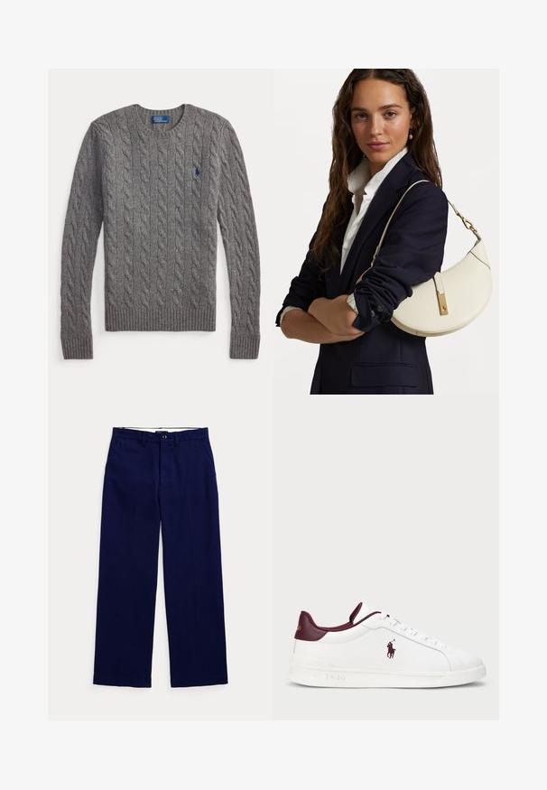 Szürke kötött pulóver kerek nyakkivágással, bordázott szegéllyel és hosszú ujjakkal. A mellrészen egy kicsi kék polo logó található.; Sötétkék egyenes szárú nadrág övgyűrűkkel, gombos zárással és oldalsó zsebekkel egy sima világos háttér előtt.; Fehér bőr sportcipő bordó részletekkel, kerek orr, dombornyomott logó és lapos fűzők. Texturált talp és sima felületű részletek.; Fehér bőr táska ívelt formával, arany kiegészítőkkel és texturált felülettel, sötét zakó és fehér ing fölött viselve.