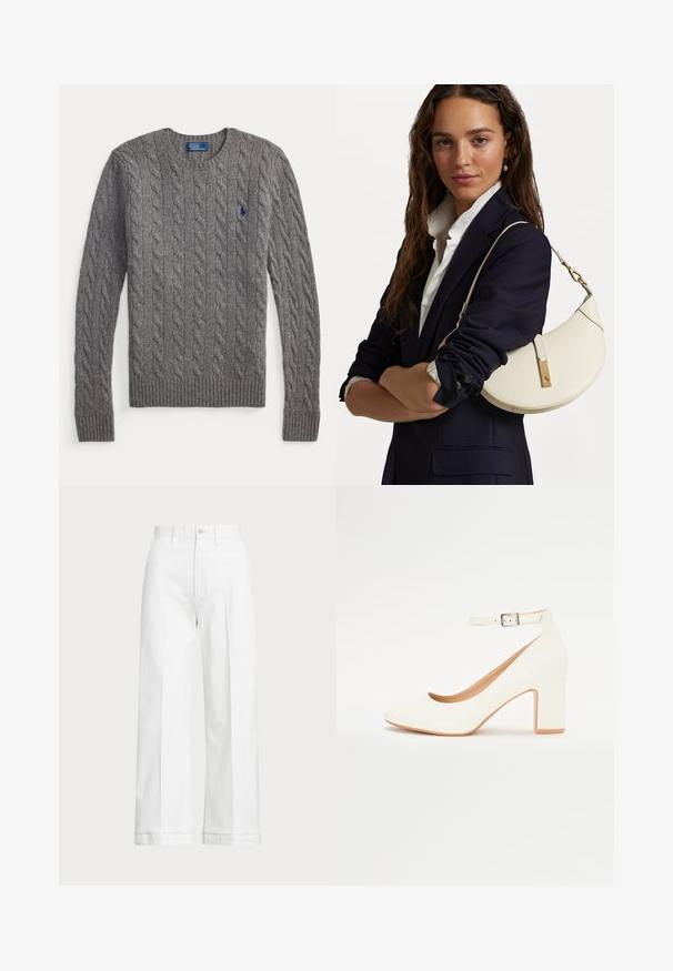 Camisola cinzenta de malha com gola redonda, bainha canelada e mangas compridas. Apresenta um pequeno logótipo azul da Polo no peito.; Calças brancas de perna larga com uma cintura alta, apresentando um fecho de botão e detalhes de costura discreta. Feitas de algodão com uma textura suave.; Sandalha branca de salto alto com ponta afiada, salto bloco e tira no tornozelo. Acabamento suave com um brilho subtil e forro bege.; Bolsa de mão de couro branco com forma curva, material dourado e acabamento texturizado, usada sobre um blazer escuro e uma camisa branca.