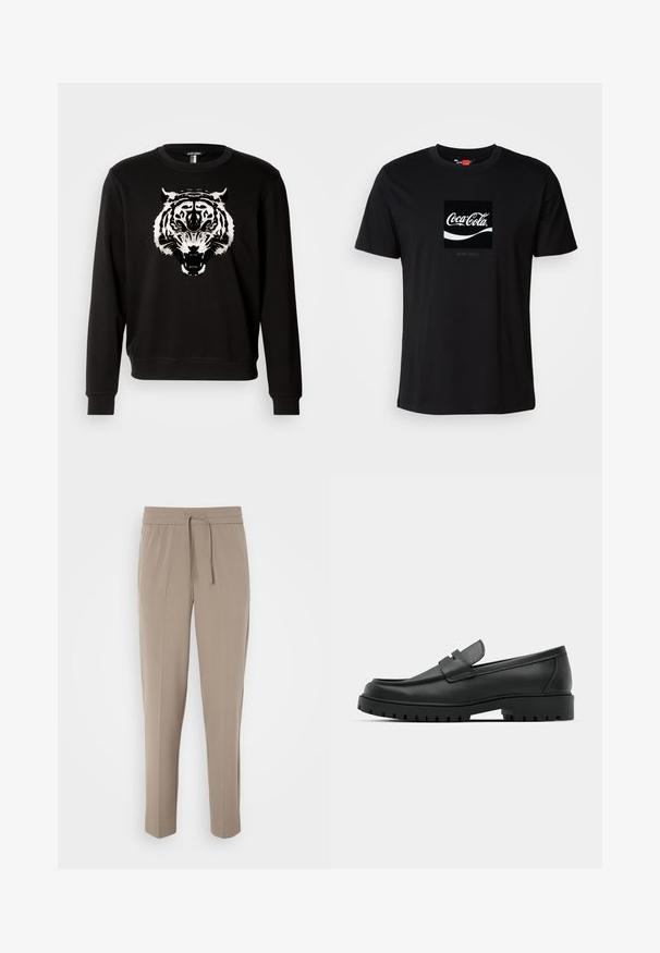 Černá mikina s dlouhými rukávy, která na přední straně zobrazuje velký bílý motiv tygra. Vyrobena z bavlny s klasickým designem kulatého výstřihu.; Černé bavlněné tričko s krátkým rukávem a kulatým výstřihem, zdobené grafickým logem Coca-Coly v bílé barvě a obdélníkovým akcentem.; Světlé béžové kalhoty s elastickým pasem, nastavitelnou šňůrkou a zúženými nohavicemi. Tkanina vypadá hladce s jemným leskem.; Černé kožené mokasíny s kulatou špičkou, zdobené prošitím, s nízkou platformou a texturovanou gumovou podrážkou s drážkováním.