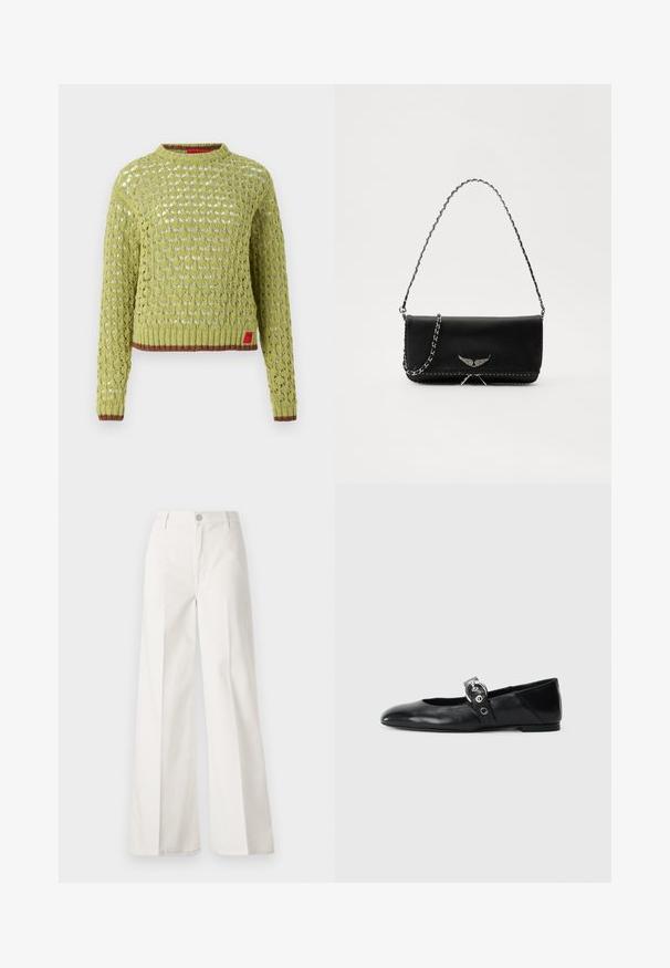MAX&Co. PASCIA - Pullover - limette; Pantalons blancs à jambes larges en coton avec une texture douce. Comprend un bouton à l'avant, une fermeture éclair et un design à quatre poches.; Ballerines en cuir noir avec un bout pointu, dotées d'une sangle avec une boucle métallique circulaire et d'une semelle plate.; Sac à main en cuir noir avec une bandoulière en chaîne argentée, présentant des accents décoratifs en forme d'ailes et des coutures blanches le long de la couture inférieure.