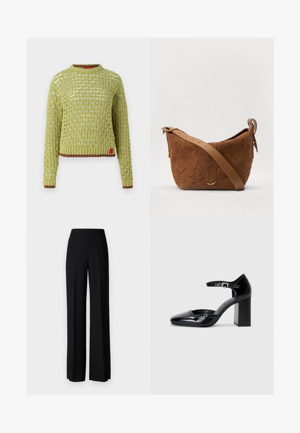 MAX&Co. PASCIA - Pulóver - limette; Fekete, széles szárú nadrág sima tapintással, magas derékkal és középen pliszével. Nincsenek látható minták vagy fém részletek.; Fekete patent bőr, magas sarkú cipők négyzetes orral, bokapánttal és vastag sarkal. A szélén lyukacsos díszítéssel.; Barna velúr válltáska, dombornyomott virágmintával, sima barna bőrpánttal és arany színű fém kiegészítőkkel.