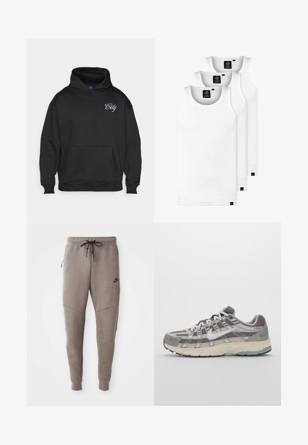 Must have hoodiga, mis on valmistatud pehmest kangast, millel on eesmine tasku ja sinine "City" tekst tikitud rinda.; Kolm valget ribaga t-särki, mis on valmistatud puuvillast. Omavad ümmargust kaelanõhku ja väikseid musti silte hemme lähedal. Saadaval erinevates suurustes.; Hallide Nike dressipüksid, millel on nööriga vöökoht, kitsenevad sääred, küljetaskud ja eristuv õmbluse detail. Pehme, tekstureeritud kangas.; Hallus hallitus jalanõud, millel on võrgust ja sametist ülemine osa, valged rõhutused, pehme tald ning eristuv disain peegelduvate elementidega.