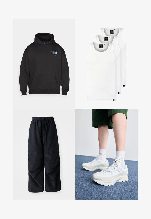 Sweatshirt à capuche noire en tissu doux, avec une poche avant et le texte bleu "City" brodé sur la poitrine.; Trois débardeurs blancs côtelés en coton. Présentent un col rond et de petites étiquettes noires près de l'ourlet. Disponibles en plusieurs tailles.; Pantalons cargo légers en nylon noir avec une taille élastique, un cordon de serrage ajustable et plusieurs poches superposées sur les jambes.; Des chaussures de sport blanches avec des superpositions texturées, une semelle épaisse et des accents gris. Portées avec des chaussettes blanches et des shorts verts sur une surface bleue.