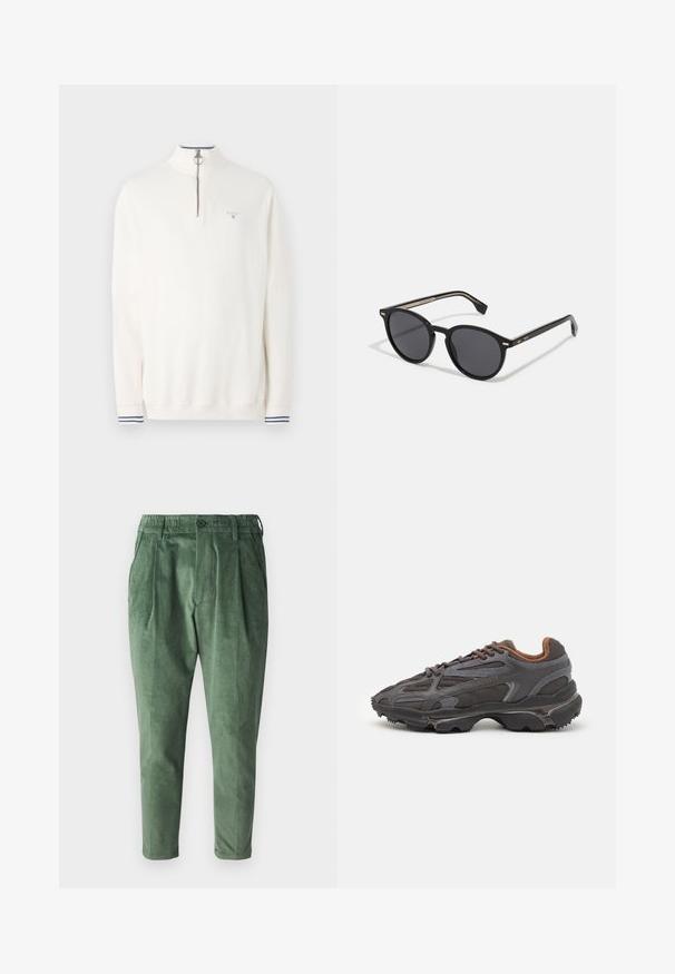 Pulover alb cu fermoar de un sfert, cu accesorii argintii și un mic logo albastru. Prezintă manșete în dungi cu modele bleumarin și alb.; Pantaloni din catifea verde cu o croială obișnuită, cu pliuri, talie elastică și închidere cu un singur buton. Material neted, texturat.; Adidași Lacoste de culoare gri închis, din material mesh și sintetic, cu o talpă texturată și accente maronii pe guler și branding.; BOSS Ochelari de soare - black