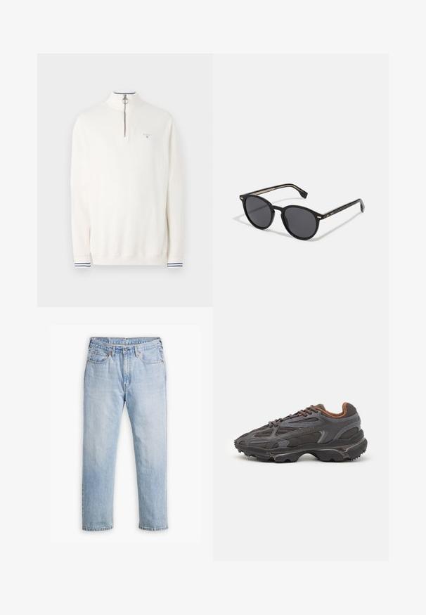 Fehér pulóver, negyed zip-zel, ezüst színű hardverrel és egy kis kék logóval. Csíkos mandzsettákkal rendelkezik, melyek tengerészkék és fehér mintázatúak.; Világoskék farmernadrág, egyenes szár kialakítással, öt zsebes stílusban és kontrasztos varrással. Gombos és cipzáras záródás a deréknál.; Sötét szürke Lacoste sportcipők hálós és szintetikus anyagból, textúrázott talppal és barna díszítésekkel a nyak részen és a logón.; BOSS Napszemüvegek - black