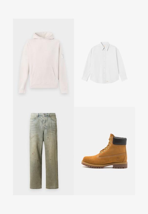 Jasnoszara bluza z kapturem, wykonana z miękkiego materiału, z kieszenią na przodzie, rękawami raglanowymi oraz naszywką na lewym rękawie.; Biała koszula z długim rękawem i klasycznym kołnierzykiem, o zaokrąglonym dole; na dole po lewej stronie znajduje się małe pomarańczowe logo.; Zniszczone dżinsy w jasnym zielonym kolorze, z prostymi nogawkami, pięcioma kieszeniami oraz nierównomiernym blaknięciem i plamami farby.; Beżowe zamszowe botki sięgające kostki z czarną wyściełaną krawędzią, złotymi oczkami, białymi detalami szycia oraz wytrzymałą gumową podeszwą z wyraźnym bieżnikiem.