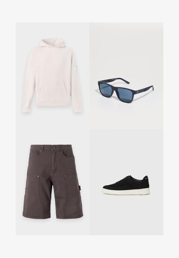 Lys grå hettegenser laget av mykt stoff, med en frontlomme, raglanermer og et sydd merke på venstre erme.; Mørkegrå cargo shorts laget av bomull med frontlommer, sidelommer, knappeåpning og sømdetaljer på bena.; Svart semsket sneakers med snøring og kontrasterende hvit gummisåle. Har teksturerte sidepaneler og subtil merkevare på hælen.; Blå rektangulære solbriller med mørke linser, matt marineblå ramme, logo-detajler på stengene, rette armer og en solid, glatt tekstur.