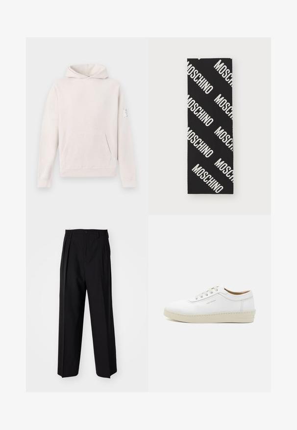 Lichtgrijze hoodie van zachte stof, met een voorkant zak, raglanmouwen, en een gestikt label op de linker mouw.; Zwarte geplooide broeken met een rechte, brede pijpontwerp. Gemaakt van soepele stof, met een knoopsluiting en riemlussen.; Witte leren sneaker met een gestructureerde afwerking, ronde neus, beige rubberen zool en zes grijze vetersleuven, met onopvallende branding aan de zijkant.; Zwarte stof met herhaaldelijk "MOSCHINO" logo in vetgedrukte witte letters in diagonale hoeken, met een gladde textuur en rechthoekige vorm.
