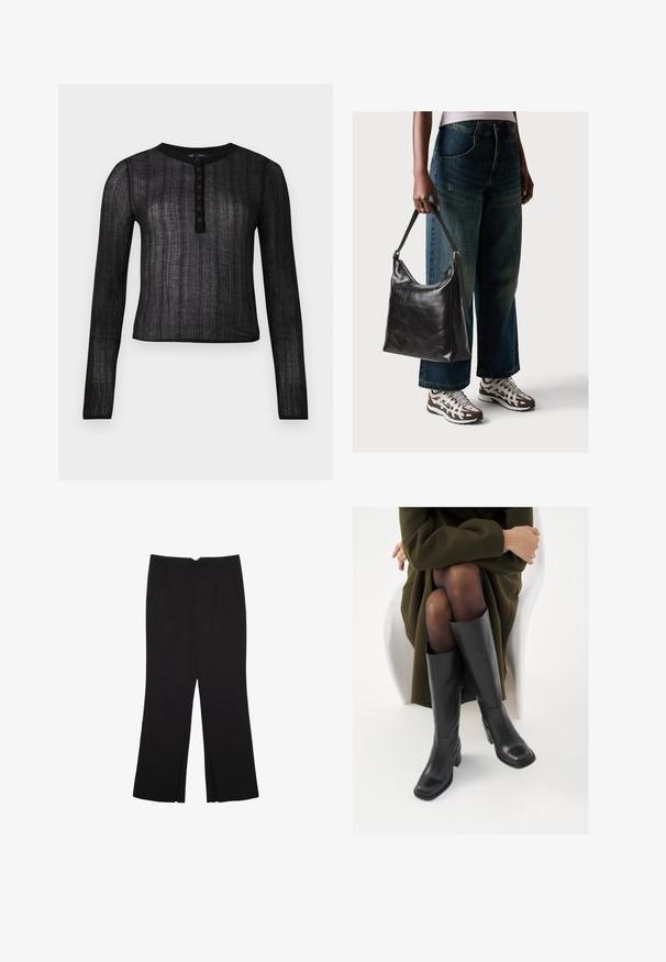 Schwarzes langärmliges Oberteil aus semi-transparentem Material mit einem gerippten Muster, das über einen runden Halsausschnitt und eine Knopfleiste mit sechs Knöpfen verfügt.; Schwarze Hose mit geradem Schnitt, ausgestattet mit Fronttaschen und Seitenschlitzen am Saum. Hergestellt aus weichem, glattem Stoff. Geeignet für verschiedene Anlässe.; Knöchelhöhe schwarze Lederstiefel mit quadrater Spitze und Blockabsatz, gezeigt mit einem Modell, das einen olivgrünen Mantel trägt. Glatte Textur, minimale Details.; Schwarze Leder-Schultertasche mit glatter Textur und verstellbarem Riemen, kombiniert mit ausgewaschenen weit geschnittenen Jeans und sportlichen Sneakern.