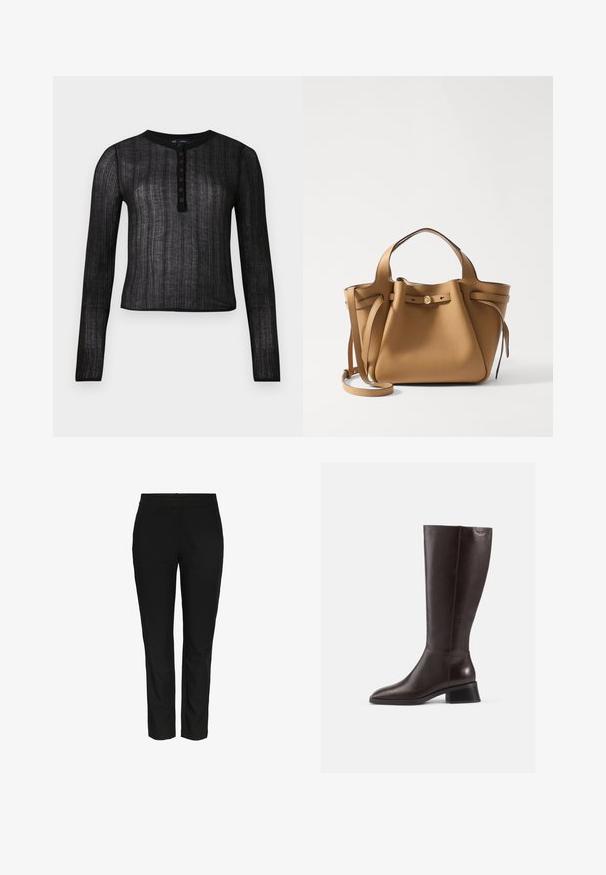 Musts musta V-kaelusega must piks varrukas top, mis on valmistatud poolläbipaistvast materjalist ribatekstuuriga ja sisaldab kuut nööpi.; Mustast, saledest sobran tepingud, mis on valmistatud sileda, kootud kangast. Omab standardset pükstevöö kohta ja ei oma nähtavaid taskuid. Puhtalt kohandatud välimus.; Põlvikud pruunist nahast, ulatudes põlvedeni, siledaga viimistlusega, ümarate varvastega ja musta kiilukontsaga. Lihtne disain koos minimaalsete riistvaradetailidega.; Tory Burch ROMY PEBBLED SATCHEL - Käekott - tiramisu