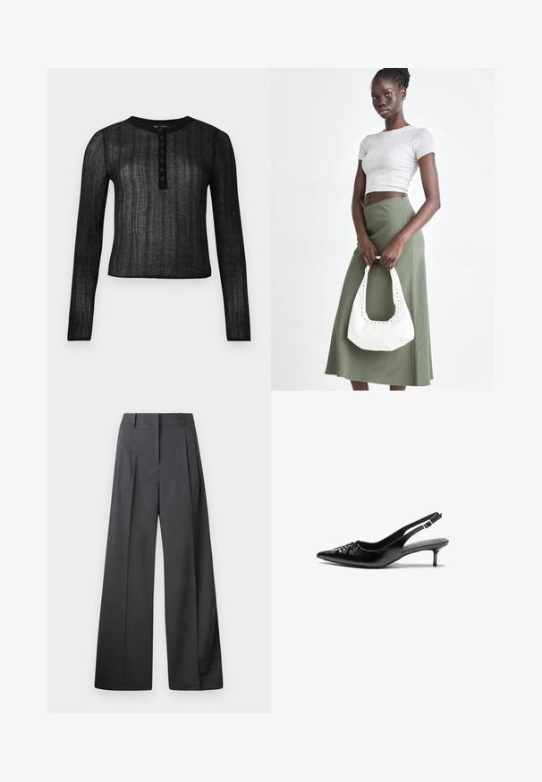 Svart langermet topp laget av semi-transparent materiale med en ribbet tekstur, med rund halslinning og seks knappestolper.; Vide bukser i mørkegrått stoff med høy livlinje, enkel press, og en glatt tekstur med en ren finish på ermekantene.; Sorte skinnert remsandaler med spiss tå, liten kittenhæl og en dekorativ knute detalj foran. Glatt tekstur gjennom hele.; Grå ribbet topp og olivengrønn høy midje skjørt. Modellen holder en hvit skulderveske med utskjæringsdetaljer. Enkelt design, tettsittende silhuett.