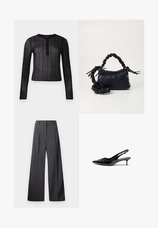 Tricou negru cu mânecă lungă, realizat dintr-un material semi-transparent cu textură în relief, având un guler rotund și un sistem de închidere cu șase butoane.; Pantaloni culți din țesătură gri închis, cu talie înaltă, pliuri simple și o textură netedă, cu o finisare curată la tivuri.; Cizme slingback din piele neagră, cu vârf ascuțit, toc mic de tip kitten heel și un detaliu decorativ sub formă de nod în față. Textură netedă pe întreaga suprafață.; Geantă din faux leather neagră cu textură de crocodil, cu partea superioară strânsă și o curea mototolită. Pare moale și compactă ca design.