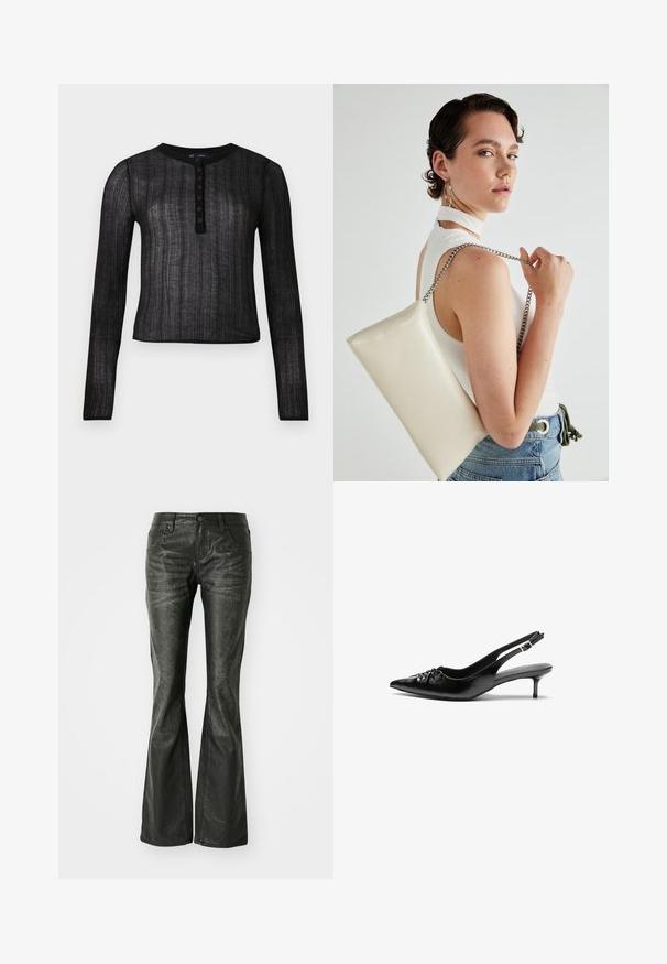 Juoda ilgarankovė palaidinė, pagaminta iš pusiau permatomo audinio su rausvu raštu, pasižyminti apvaliu iškirpimu ir šešiais sagų kilpomis.; Juodos dirbtinės odos flared džinsai su priekinėmis kišenėmis, metaliniu mygtuko uždarymu ir šiek tiek tekstūruota paviršių. Tiesūs džinsai su ilgu kirpimu.; Juodos odinės slingback aukštakulniai su smailiu nosiu, mažais katės kulnais ir dekoratyvine mazgo detale priekyje. Visas paviršius lygus.; Balta, stačiakampio formos rankinė pagaminta iš blizgaus medžiagos, su sidabriniu virvute. Modelis pozavo, demonstruodamas rankinę prieš paprastą foną.