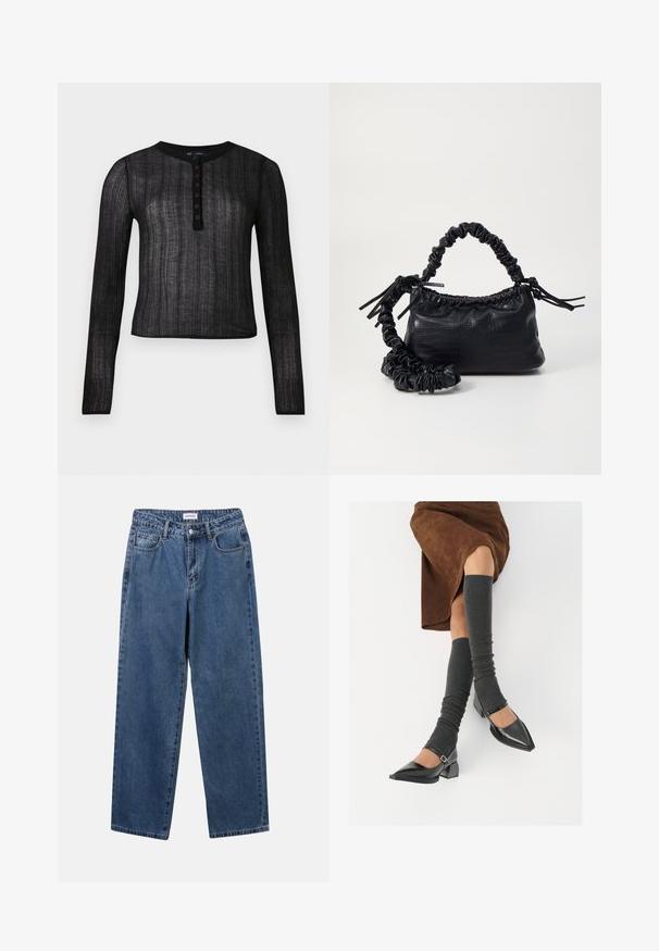 Čierny dlhý rukáv top vyrobený z polpriehľadného materiálu s rebrovanou textúrou, s okrúhlym výstrihom a šiestimi gombíkmi.; Klasické modré džínsy z denimu so strihom rovného strihu, piatimi vreckami a zapínaním na gombík. Majú stredné praním a pevnú textúru.; Čierne lakované kožené topánky s špicatou špičkou, blokovým podpätkom a členkovým remienkom, ktoré sú kombinované so šedými rebrovanými legínami a hnedou zamšovou sukňou.; Čierna umelá kožená kabelka s kroko vzorom, sťahovaným vrchom a zhnutým popruhom. Vyzerá mäkko a kompaktné v dizajne.