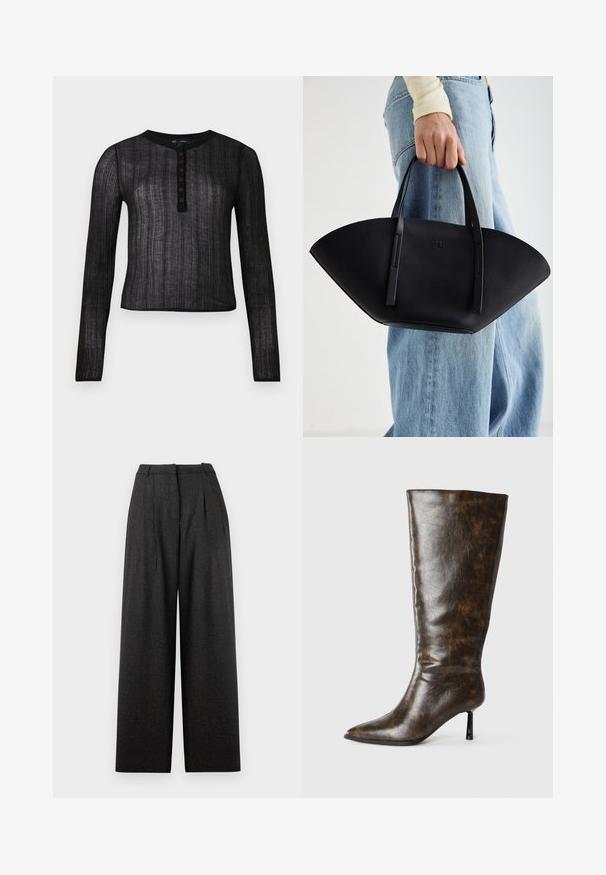 Tricou negru cu mânecă lungă, realizat dintr-un material semi-transparent cu textură în relief, având un guler rotund și un sistem de închidere cu șase butoane.; Pantaloni cu picioare largi din material în carouri gri închis, având talie înaltă, pliseuri și o croială structurată. Confecționați dintr-un material texturat.; Botă din piele maro, uzată, până la genunchi, cu vârf ascuțit și toc subțire stiletto pe un fundal alb.; Geantă de piele neagră cu o formă unică de evantai, având mânere plate. Suprafața are o textură cu mici granule și un design minimalist.