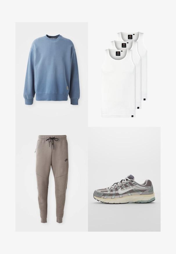 Világoskék, puha anyagból készült pulóver, kerek nyakú, hosszú ujjaival, bordás mandzsettával és hemel, egy kis logócímmel az alján.; Három fehér csíkos pamut trikó. Felső része kerek nyakkivágású, és a szegély közelében kis fekete címkék találhatók. Több méretben elérhető.; Szürke Nike melegítőnadrág húzózsinórral a deréknál, keskeny lábakkal, oldalsó zsebekkel és jellegzetes varrás részletekkel. Puha, texturált anyag.; Szürke sportcipő, hálós és velúr felsőrésszel, fehér részletekkel, párnázott talppal és jellegzetes dizájnnal, amely visszaverő elemeket tartalmaz.
