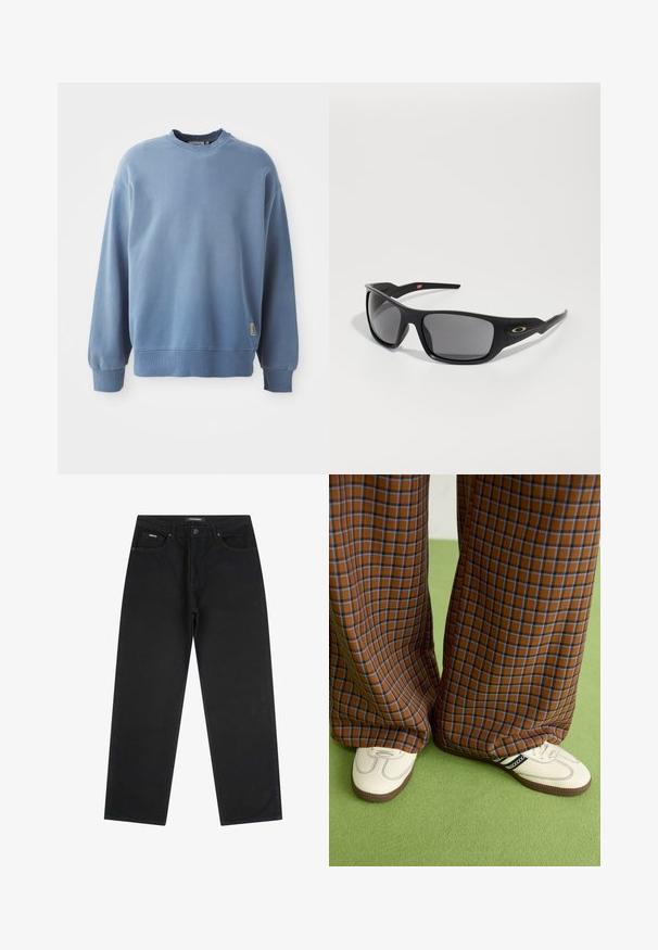 Sweatshirt azul claro feito de tecido macio, com um decote redondo, mangas longas, punhos e bainha canelados, com uma pequena etiqueta de logótipo perto da parte inferior.; Jeans pretos de perna reta com botão e fecho na frente, passantes para cinto e design de cinco bolsos, deitados sobre um fundo branco.; Calças largas em padrão xadrez castanho e azul, combinadas com sapatos brancos com detalhes pretos e solas texturizadas, contra um fundo verde.; Óculos de sol pretos com forma retangular, feitos de plástico durável, com lentes cinzas e um detalhe dourado na lateral.