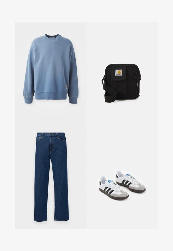 Lyseblå hettegenser laget av mykt stoff, med rund hals, lange ermer, ribbestrikkede mansjetter og kant, samt et lite logomerke nær bunnen.; Mørkeblå rette jeans i denim med frontlommer og knappelukking, vist på en enkel hvit bakgrunn.; Sportssko med en hvit skinnoverdel, grå semsket tå og tre svarte striper. Har en blå logo på tungen og en teksturert gummisåle.; Svart crossover-veske med en glidelåslukking hovedrom, frontlomme, justerbar stropp og et synlig logo-patch på klaffen.