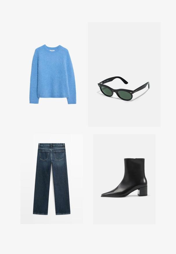 Jasnoniebieski, puszysty sweter z dzianiny, z okrągłym dekoltem, długimi rękawami i ściągaczami. Miękka tekstura z luźnym krojem i płaskim dołem.; Granatowe dżinsy o prostym kroju, z dwoma tylnymi kieszeniami i widocznym ściegiem wzdłuż szwów i brzegów.; Czarne skórzane botki za kostkę z wydłużonym noskiem, gładką fakturą i średnim obcasem w kształcie słupka. Minimalistyczny design, zamek błyskawiczny z tyłu.; Czarne okulary przeciwsłoneczne z zielonymi soczewkami, okrągły kształt, plastikowa rama, subtelne srebrne akcenty i gładka powierzchnia. Logo marki na ramieniu.