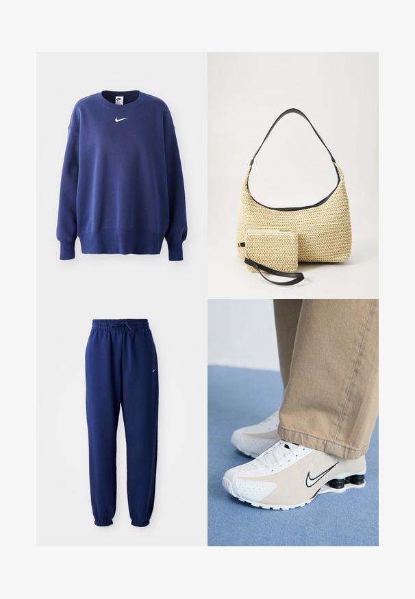 Tumši zila džemperis ar garām piedurknēm, apaļu kakla izgriezumu, ribotām piedurknēm un apakšmalu. Tas ir ar mazu balto Nike logo uz krūtīm. Mīksta tekstūra.; Navy zila sporta bikses, izgatavotas no mīksta auduma, ar elastīgu jostu ar auklu, elastīgiem piedurknēm un mazu balto logo.; Baltas un beidzs Nike kedas ar perforētu dizainu, melnu swoosh logotipu, teksturētu augšdaļu un izteiksmīgu atsperīgu melnu papēdi.; Auduma salmu rokassoma ar izliekta siluetu, kas ir aprīkota ar gludu melnu ādas rokturi un atbilstošu mazu maciņu, kas piestiprināts pie plaukstas siksniņas.