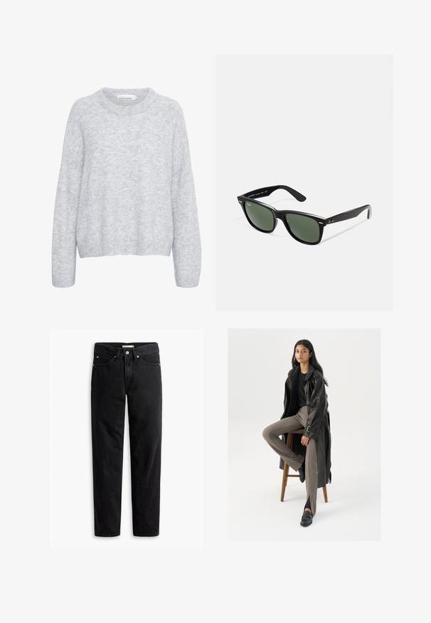 Sivý pletený sveter s pohodlným strihom, okrúhlym výstrihom a dlhými rukávmi. Mäkká textúra so jemnými variáciami v odtieni.; Čierne rovné džínsy so zapínaním na gombík a zips, pútka na opasok a predné aj zadné vrecká, vystavené na bielom pozadí.; Čierny kožený trenčkot s gombíkmi a detailom pásu, v kombinácii so svetlohnedými priliehavými nohavicami a čiernymi mokasínami, posadený na drevenej stoličke.; Čierne plastové slnečné okuliare so zelenými šošovkami, štvorcové rámy, strieborný akcent na obočí a textúrované ramenné opierky. Brand uvedený na vnútornej strane ramien.; Leštěné strieborné prstene s hladkým, zaobleným dizajnom. Obsahujú organické tvary a lesklý povrch, ktorý ukazuje zakrivené hrany a bezšvový pás.