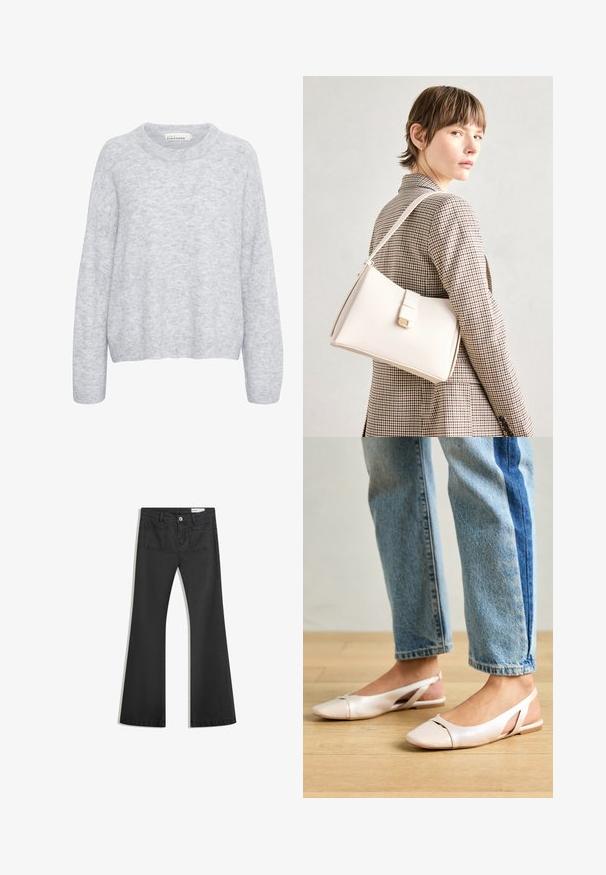 Szürke kötött pulóver laza szabással, kerek nyakkivágással és hosszú ujjakkal. Puha textúra, amelyen finom árnyalatváltozások figyelhetők meg.; Fekete, sima textúrájú farmer flare nadrág, két hátsó zsebbel és gombos derékkal.; Világos rózsaszín slingback laposlábú cipők, hegyes orral, sima bőrhatású anyagból készült. Oldalt kivágott részletek találhatók rajta, valamint lapos sarkú.; Fehér bőr táska strukturált dizájnnal, mágneses záródással és vállpánttal, semleges háttér előtt bemutatva.