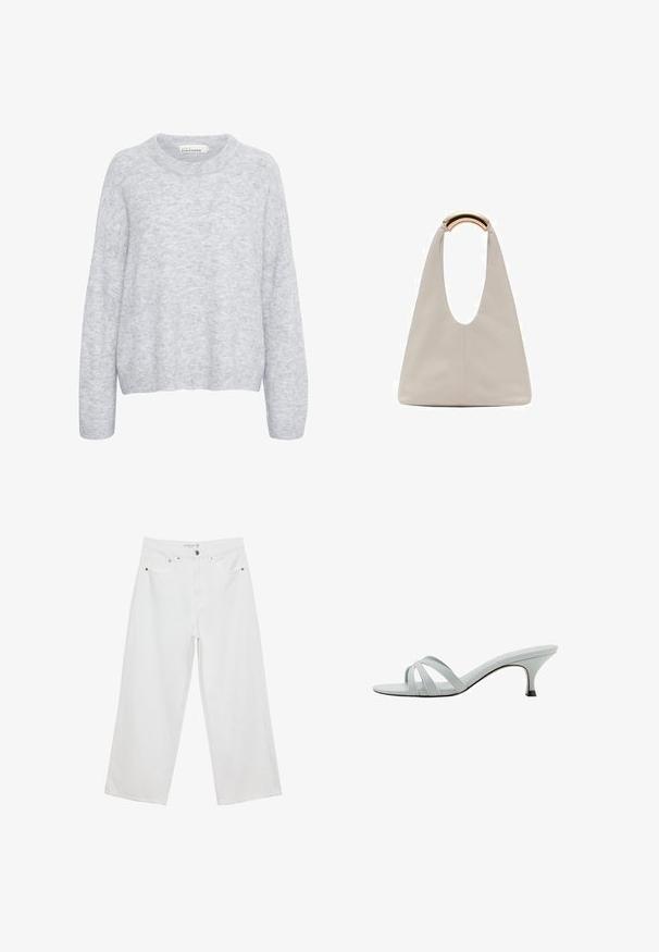Grå strikket sweater med en afslappet pasform, rund halsudskæring og lange ærmer. Blød tekstur med subtile variationer i nuancerne.; Hvide bukser med bred benvidde lavet af denim med høj talje, der har fem lommer og metalhardware. Glat tekstur, uden synlige mønstre.; Lys grå hælede sandaler med tre krydsspiraler, en slank profil og en tilspidset hæl. Glat tekstur med en let skinnende finish.; Lysegrå lædertaske med et U-formet design og et buet metallisk håndtag. Glat tekstur med minimal syning og ingen synlige mønstre.
