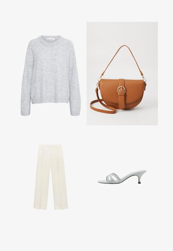 Gray knitted sweater with a relaxed fit, round neckline, and long sleeves. Soft texture with subtle variations in shade throughout.; Wide-legged trousers in a light cream color. Made from a smooth fabric with pleats at the front and side pockets.; Light gray heeled sandals with three crisscross straps, a slim profile, and a tapered heel. Smooth texture with a slightly shiny finish.; Brown leather crossbody bag with a curved shape, gold hardware, and a buckle accent. Features a detachable shoulder strap.