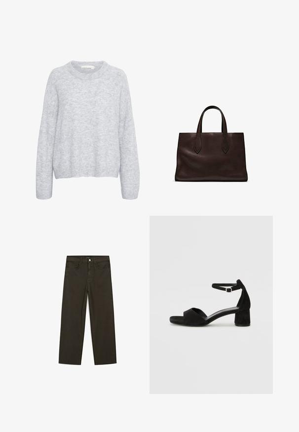 Grauer gestrickter Pullover mit lässiger Passform, rundem Halsausschnitt und langen Ärmeln. Weiche Textur mit subtilen Farbvariationen.; Dunkelgrüne Jeans im weit geschnittenen Style, hergestellt aus einem Baumwollgemisch. Sie verfügen über einen Frontknopfverschluss, fünf Taschen und klassische Denim-Nähte.; Schwarze Wildleder-Espadrilles mit einem dünnen Knöchelriemen, offener Zehenpartie und moderatem Blockabsatz. Glatte Textur und minimale Akzente.; Braune Ledertasche mit zwei langen Griffen, strukturierte rechteckige Form, glatte Textur und dezente Nähdetails.