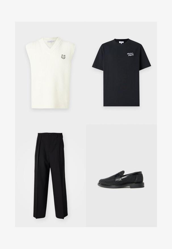 Vit ribbad stickad ärmlös V-ringad stickad väst med liten broderad varghuvud på vänster bröst och Maison Kitsuné-märke inuti kragen.; Svart bomullströja med rundad halsringning. Har en vit handskriven logotyp på vänster bröst. Korta ärmar, vanlig passform.; Svarta plisserade byxor med en rak, bred bendesign. Tillverkade av ett slätt tyg, med knäppning fram och bälteshällor.; Svart vävd slip-on sko med en slät läderdetalj på ovansidan, med rund tådesign och en låg gummisula.