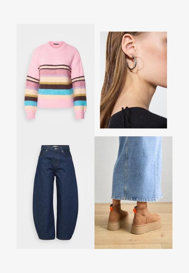 Pulover tricotat de culoare roz deschis, cu dungi orizontale multicolore în nuanțe de maro, albastru, crem și galben. Dispune de un guler rotund și manșete ribbate.; Even&Odd Petite 2 PACK - Top - light grey/black; Blugi din denim de culoare albastru închis, cu talie înaltă și picioare late, cu închidere frontală cu nasture și fermoar, și design clasic cu cinci buzunare.; Botine maro din suede cu platformă, cu panouri elastice pe laterale și mânere portocalii, asortate cu o fustă din denim deschis până la genunchi, pe un podea din lemn.; Cercel din argint cu un finisaj polișat, având detalii mici din aur și o formă rotundă, purtat pe lobul urechii.