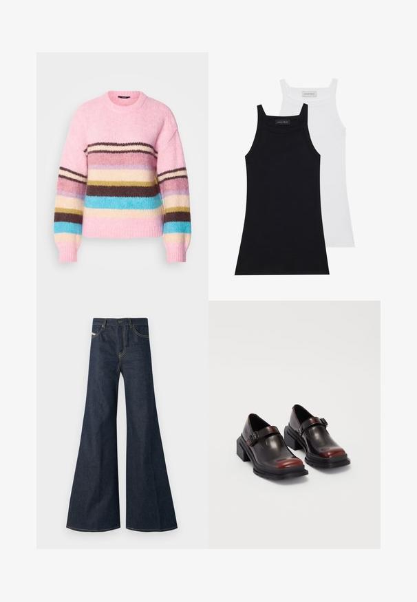 Pull en tricot rose clair avec des rayures horizontales multicolores en marron, bleu, crème et jaune. Il a un col rond et des poignets côtelés.; Deux débardeurs sans manches en noir et blanc. Fabriqués en tissu doux et extensible avec une texture côtelée et un design ajusté. Dotés de bretelles fines.; Jean flare bleu foncé en denim, avec taille haute, accents de surpiqûre dorée, et deux poches avant avec fermeture à bouton.; Chaussures à talons carrés en cuir avec une finition bordeaux foncé brillante, dotées d'une sangle avec boucle et d'un design à bout arrondi. Semelle texturée pour une meilleure adhérence.