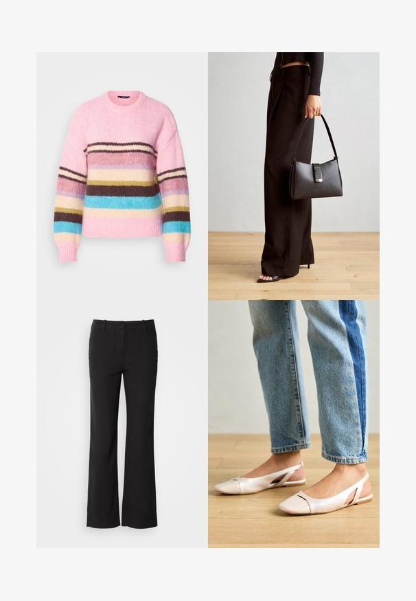 Maglione lavorato a maglia di colore rosa chiaro con strisce orizzontali multicolori in marrone, blu, crema e giallo. Presenta un collo rotondo e polsini a coste.; Pantaloni in misto cotone neri con design a gamba dritta, chiusura frontale con bottone e due tasche laterali. Tessuto liscio, senza motivi visibili.; Ballerine slingback rosa pallido con punta affusolata, realizzate in un materiale simile alla pelle liscio. Presentano dettagli a taglio sui lati e un tacco piatto.; Borsa nera con forma strutturata, texture liscia e una chiusura metallica. Abbinata a pantaloni neri larghi e sandali open-toe su un pavimento in legno.