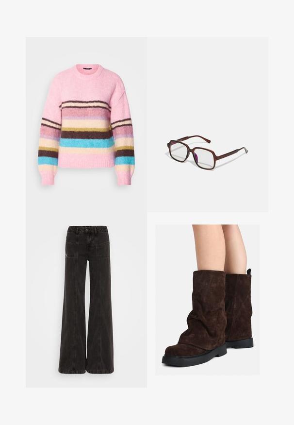Strickpullover in Hellpink mit mehrfarbigen horizontalen Streifen in Braun, Blau, Creme und Gelb. Verfügbar mit rundem Halsauschnitt und gerippten Bündchen.; Schwarze weit geschnittene Jeans aus Denim, mit hoher Taille, frontalen Taschen und tonal abgesteppten Nähten.; Braune Wildleder-Stiefel bis zur Wade mit schwarzen Gummisohlen, die an nackten Beinen getragen werden und leichte Faltenbildung an den Schafthaltern aufweisen.; Braune, rechteckige Brille mit transparenten Gläsern und lila Tönungen. Glatter Kunststoffrahmen mit geraden Bügeln und dezenten Akzenten.