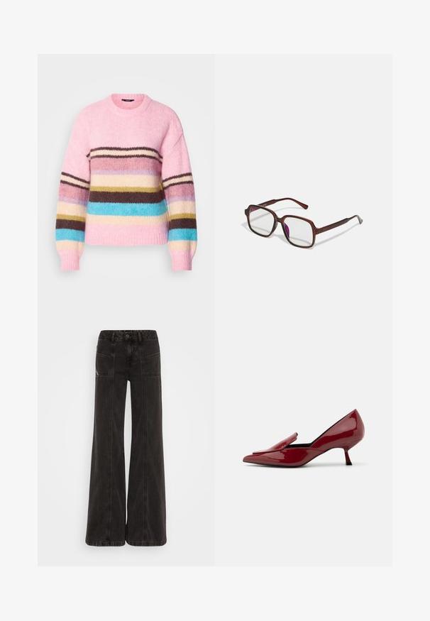 Rózsaszín kötött pulóver, amelyet barna, kék, krém és sárga színű vízszintes csíkok díszítenek. Kerek nyakú és bordázott mandzsettával rendelkezik.; Fekete, bő szárú farmernadrág, magas derékkal, elülső zsebekkel és az varratok mentén tónusos cérnával.; Piros lakkozott bőrből készült magassarkú cipők, hegyes orrúak, slip-on kialakításúak, alacsony stiletto sarkúak. Simább textúrával és karcsú sziluettel rendelkeznek.; Barna, téglalap alakú szemüveg áttetsző lencsékkel és lila árnyalattal. Simító műanyag keret, egyenes szárakkal és diszkrét díszítésekkel.