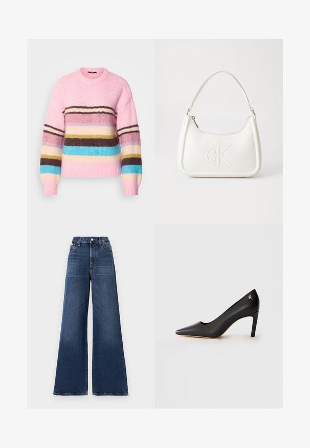 Gebreide trui in lichtroze met meerkleurige horizontale strepen in bruin, blauw, roomwit en geel. Voorzien van een ronde hals en geribde manchetten.; Hoge taille, wijde jeans gemaakt van donkerblauwe denim, met een knoopsluiting, vijf zakken en subtiele vervaging op de dijen.; Zwarte leren pointed-toe hoge hak schoen met een mid-height stiletto hak en een klein gouden embleem nabij de hak op een witte achtergrond.; Witte lederen handtas met een gebogen vorm, voorzien van een reliëf "CK" logo aan de voorkant en een enkele schouderriem. Ritsluiting aan de bovenkant.