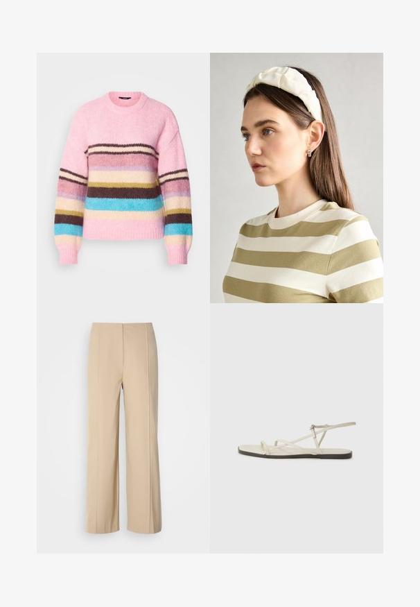 Rózsaszín kötött pulóver, amelyet barna, kék, krém és sárga színű vízszintes csíkok díszítenek. Kerek nyakú és bordázott mandzsettával rendelkezik.; Beige széles lábú nadrág, strukturált anyagból készült, letisztult designnal, benne vasalt hajtásokkal és lapos derékpánttal.; Beige lapos szandál, amelyet több vékony pánt díszít, és állítható csattal rendelkezik. A talpa lapos, az élein enyhe sötét kontraszttal.; Krém színű párnázott fejpánt csavaros kivitelezéssel, bézs és fehér csíkos pólóval párosítva, kerek nyakkivágással. Diszkrét ékszer kiegészítők.