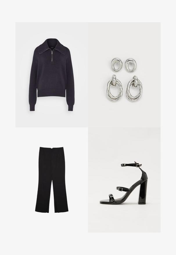 Temno modra pletena puloverka s ovratnikom na polni zadrgi, rebrastimi manšetami in teksturiranim vzorcem na telesu. Mehka, srednje težka tkanina.; Črne hlače ravnega kroja z naglavnimi žepi in stranskimi razporki na robu. Narejene iz mehke, gladke tkanine. Primerne za različne priložnosti.; Črne lakirane sandale s peto, kvadratnim prstom, trakovi okrog gležnja in srebrnimi zaponkami. Opremljene so s stabilno Debelo peto.; Nakit zlate barve iz kovine, ki vsebuje dva para oblik: zasukan kroglično uho in gladek kroglični uhani. Odsevna površina povečuje eleganco.