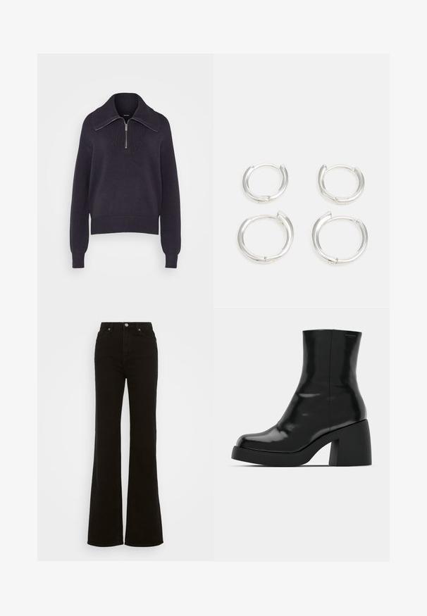 Donker marineblauwe gebreide trui met een halve ritssluiting, geribde mouwen en een gestructureerd patroon op het lichaam. Zacht, middelzwaar materiaal.; Hoge taille zwarte flared jeans van denim, met een knoopsluiting, zijzakken en een gladde textuur.; Zwarte enkellaarzen met een glanzende afwerking, vierkante neus en een dikke blokhak. Het ontwerp heeft een naadloze silhouet en minimale branding.; Zilveren hoop oorbellen met een gladde, gepolijste afwerking. Twee paren met een iets verschillende maat. Eenvoudig, cirkelvormig ontwerp, lichtgewicht.