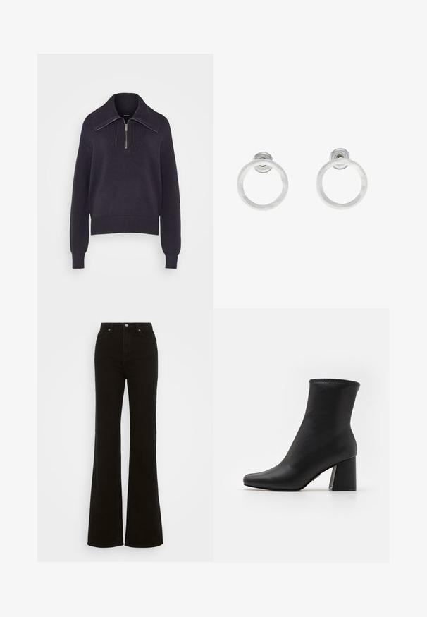 Tmavě modrý pletený svetr s polo zipem, žebrovanými manžetami a texturovaným vzorem na přední části. Měkká, středně těžká látka.; Černé riflové džíny se zvýšeným pasem a rozšířenými nohavicemi, vyrobené z denimu, s knoflíkovým zapínáním, bočními kapsami a hladkým povrchem.; Černé kotníkové boty vyrobené z hladké kůže s špičatou špičkou a silným, obdélníkovým podpatkem. Vyznačují se prošitým horním okrajem pro přidaný detail.; Stříbrné kovové kruhové náušnice s broušenou texturní úpravou, s kulatým designem a průhledným záznamem pro bezpečné nošení.