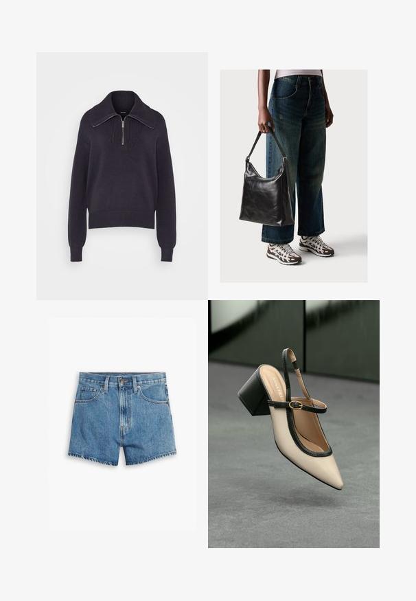 Ciemnogranatowy wełniany sweter z kołnierzem na pół zamek, prążkowanymi mankietami i teksturowanym wzorem na torsie. Miękka, średniej wagi tkanina.; Jasnoniebieskie szorty dżinsowe z pięcioma kieszeniami, z zamkiem błyskawicznym i zapięciem na guzik. Rant jest postrzępiony, a krój jest luźny.; Beżowe buty typu slingback z ostrym noskiem, czarnym wykończeniem, złotą klamrą i grubym obcasem na szarym podłożu z ciemnozielonym tłem.; Czarna skórzana torba na ramię o gładkiej fakturze i regulowanym pasku, w zestawieniu z wyblakłymi dżinsami typu wide-leg i sportowymi butami.