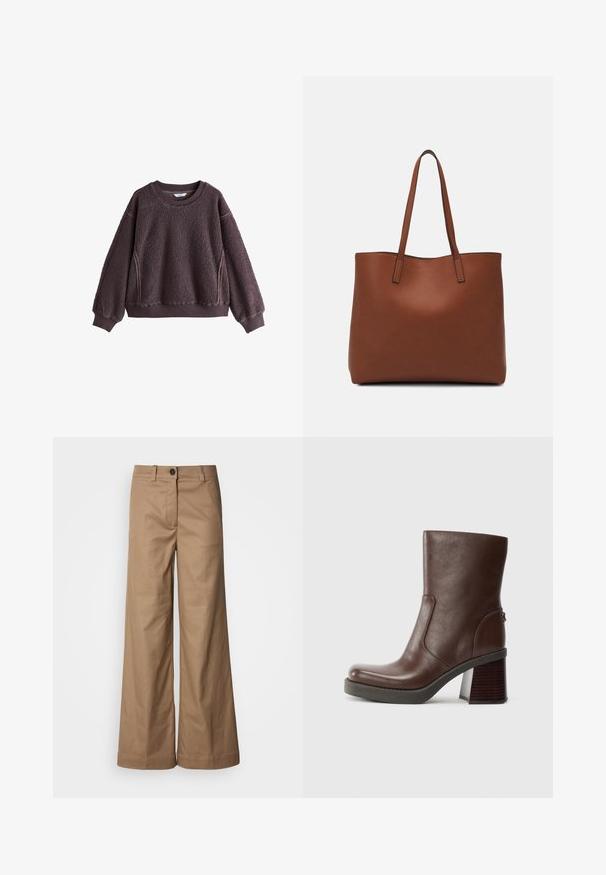 Burgundinės vilnonės megztinio su tekstūruota paviršiumi, apvalia iškirpte ir gumbiniu rankogaliu. Yra šoninės detalės ir laisvas siluetas.; Platus kelnes, pagamintos iš lygaus, rusvos spalvos audinio. Yra priekinė sagtis, diržo kilpos ir šoninės kišenės. Švarios linijos, be matomų raštų.; Rudas odinis kulkšninis botas su apvaliu priekiu, glotnia tekstūra ir masyvi medinė pakulne. Šoninis siūlų detalizavimas ir subtilus spindesys.; Ruda odinė priekabų krepšys su glotnia tekstūra, atviru viršumi ir dviem petnešomis. Su minimalia siuvimo detalėmis ir nematoma aparatūra.