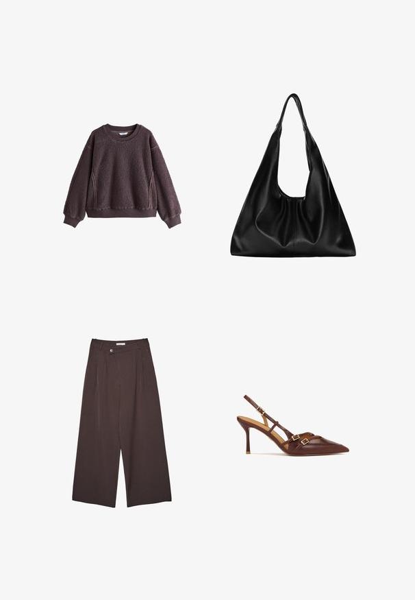 Bordeaux fleece sweater med en tekstureret overflade, rund hals og ribbede manchetter. Har sidelommer og en afslappet pasform.; Brune bukser med brede ben og fine striber, med en knappet talje og bæltestropper, præsenteret fladt på en hvid baggrund.; Brune læderslyngehæle med spidse tæer, tynde stiletto hæle og guld hardware detaljer. Har krydsseler henover foden.; Sort læder hobo taske med en blød, buet form. Har en bred toprem og rynker i bunden for en afslappet struktur.