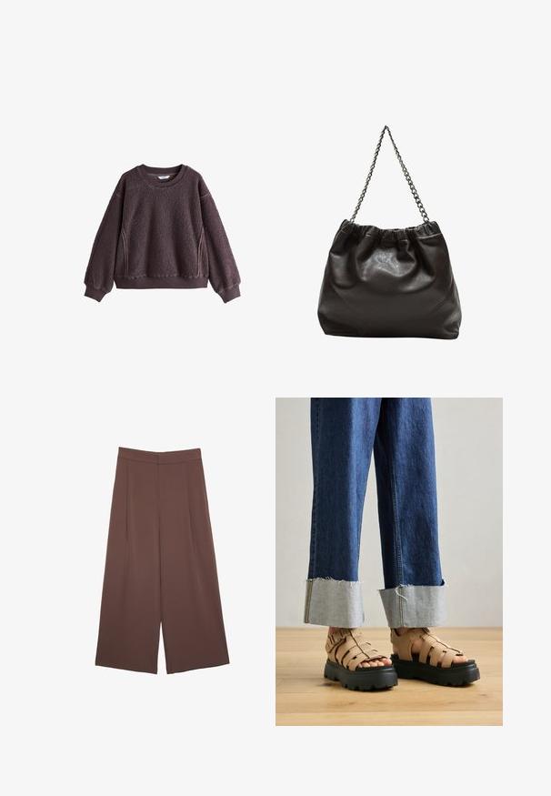 Burgundský fleecový svetr s texturovaným povrchem, kulatým výstřihem a žebrovanými manžetami. Má boční akcenty aVolný střih.; Hnědé široké kalhoty s hladkou texturou, vysokým pasem a předními záhyby. Materiál je lehký a volně splývá.; Béžové platformové sandály s tlustými černými podrážkami, které mají několik popruhů pro oporu. Spárováno se světle modrými džíny s ohrnutými nohavicemi.; Hnědá kožená taška se sbíraným vrškem a řetízkovým popruhem. Hladký povrch s lesklým finišem a jemným švem na bocích.