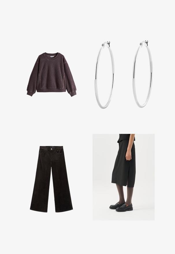 Bordeaux fleece sweater met een gestructureerd oppervlak, ronde hals en geribbelde manchetten. Heeft zijaccenten en een ontspannen pasvorm.; Zwarte corduroy wijde pijpen broek met een hoge taille, voorzakken en een gestructureerde stof, met een knoopsluiting en riemlussen.; Zwarte knielange rok met zijsplit, gecombineerd met zwarte loafers en doorzichtige bruine panty's, met een mooie stof en een eenvoudig ontwerp.; Zilveren creolen met een glad, gepolijst oppervlak en een naadloos ontwerp, voorzien van afgeronde randen en een stevige sluiting.