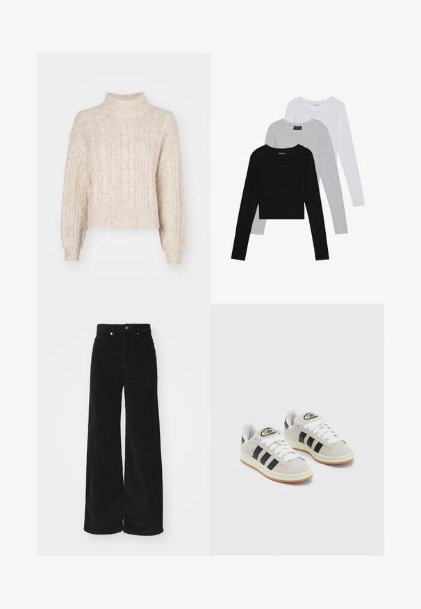 Kremna skrajšana pulover s visokim ovratnikom, ki ima teksturiran kabelski pleten vzorec in dolge, rahlo napihnjene rokave.; Tri dolga rokava zložena: črna, siva in bela. Vsaka ima okroglo izreznico in skrajšan dizajn z gladkim, lahkotnim materialom.; Črne široke žametne hlače z visokim pasom, ki imajo dva sprednja žepa in kovinski gumb za zapiranje. Teksturovana tkanina z navpičnimi rebrinami.; Sive športne čevlje iz semiša z belimi vezalkami, črnimi črtami in belim gumijastim podplatom. Imajo okroglo oznako na ježku in podplat iz gume.