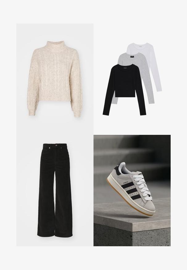 Cremfarbener, kürzer geschnittener Pullover mit hohem Kragen, der ein strukturiertes Zopfmuster und lange, leicht puffige Ärmel aufweist.; Drei langärmelige Oberteile gestapelt: schwarz, grau und weiß. Jedes hat einen runden Halsausschnitt und ein kurzes Design aus glattem, leichtem Stoff.; Schwarze Cordweitenhose mit hohem Bund, ausgestattet mit zwei vorderen Taschen und einem Metallknopfverschluss. Strukturierter Stoff mit vertikalen Rippungen.; Grauer Adidas Campus Sneaker mit schwarzen Streifen und weißen Schnürsenkeln, der über einer Betonmauer schwebt, mit Treppen im Hintergrund.