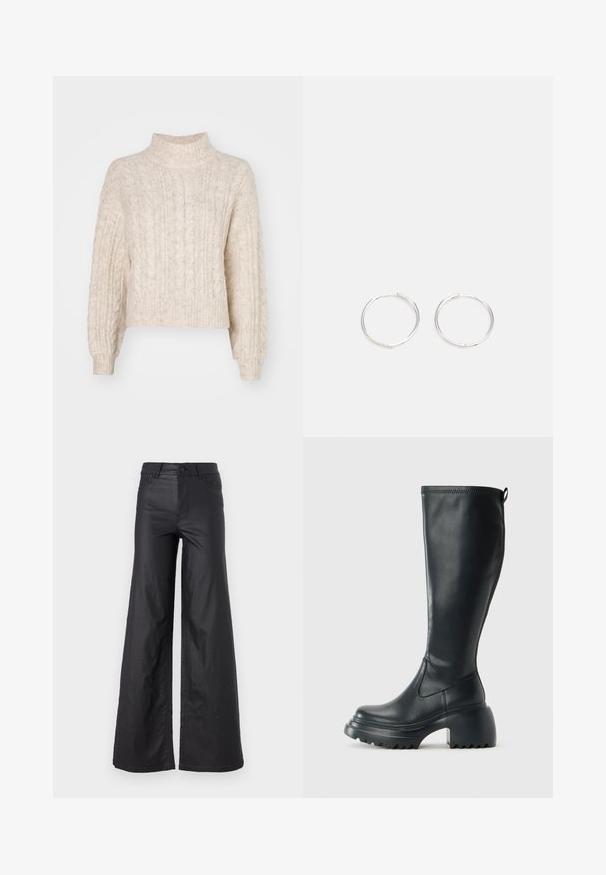 Krēmkrāsas saīsināts džemperis ar augstu apkakli, ar teksturētu virvju adījuma rakstu un garām, viegli pūkām piedurknēm.; Melni, plata kāju bikses no mākslīgās ādas. Iespējas ietver augstu jostasvietu, jostu cilpas, divas priekšu kabatas un izšuvumu detaļas.; Augstas melnas ādas zābakus ar masīvu platformu un bloka papēdi, ar vilkšanas cilpu un strukturētu profilu uz ārējā zoles.; Sudraba riņķa auskari ar elegantu, apaļu dizainu, kas izceļas ar gludu virsmu un bez redzamām rotājumām. Diametrs netiek norādīts.