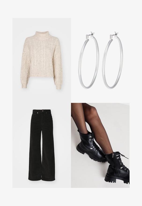 Kreemivalge lühike sviiter kõrge kaelusega, millel on tekstuuriga nöörkoe muster ja pikad, veidi puhvsooned varrukad.; Mustardid mustad laiad püksid kõrge vöökoht, millel on kaks eesmist taskut ja metall-nupuga sulgemine. Tekstuuriga kangas koos vertikaalsete vöönditega.; Even&Odd Wide Fit Nööritavad poolsaapad - black; Hõbedased rõngaskõrvarõngad, millel on sile ja läikiv pind, minimaalse disainiga ning kindel sulgemisseade ülaosas.